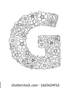 Capital letter G patterned with hand drawn doodle abstract flowers and leaves. Monochrome page anti stress adult coloring book. Vector illustration floral letters English language alphabet. EPS 10
