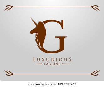 Capital Letter G with a Unicorn. Royal Logo. King Stallion in Jump. Unicon Letter Icon. Stylish Graphic Template Design