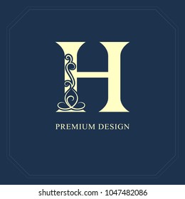 Capital letter H. Calligraphic beautiful logo with tape for labels. Graceful style. Vintage drawn emblem for book design, brand name, business card, Restaurant, Boutique, Hotel. Vector illustration