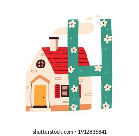 Capital letter H of childish English alphabet with house. Funny kids font with cute home for nursery and kindergarten education. Hand-drawn flat vector illustration isolated on white background.