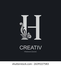 Capital Letter H with floral decorative element. Elegant monogram in silver on dark background. Perfect for logo, branding, boutique label, premium product design. Vector illustration.
