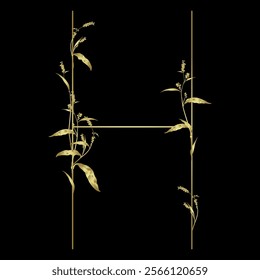 Capital letter H with floral  motifs. Botanical alphabet with herbs and wildflowers. Blooming branches of Polygonum plant. Knotweed or Smartweed flower. Golden glossy silhouette on black background.