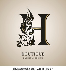 Capital Letter H. Graceful Monogram with Gold Elements. Elegant Style. Calligraphic Beautiful Logo. Vintage Emblem for Book Design, Brand Name, Business Card, Restaurant, Boutique. Vector Illustration