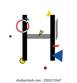 Letra mayúscula "H" compuesta por formas geométricas simples, en estilo suprematismo, inspiradas en pinturas de Kazimir Malevich y Wassily Kandinsky