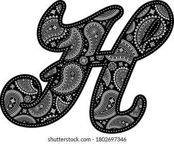 capital letter h with paisley pattern design. Embroidery style in black color. Isolated on white