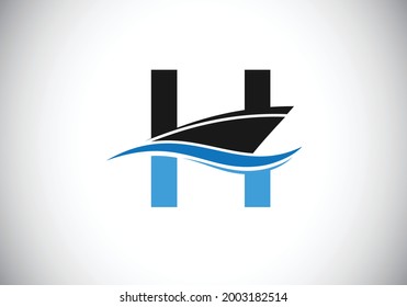 Capital letter H with the ship, cruise, or boat logo design template, Yacht icon sign symbol with ocean waves vector illustration