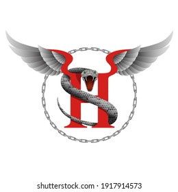 Capital Letter H with snake and wings for monogram,logo. Vector concept emblem,icon,symbol