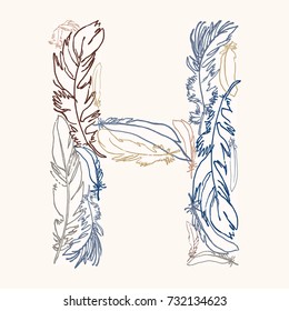 Capital letter H.  Vector hand-drawn monogram made of feathers. Feather alphabet. Perfect for posters, invitation, greeting card, webs graphics, blog, banner, logo