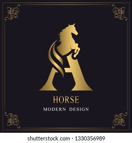 Capital Letter A with a Horse. Royal Logo. King Stallion in Jump. Racehorse Head Profile. Gold Monogram on Black Background with Border. Stylish Graphic Template Design. Tattoo. Vector illustration