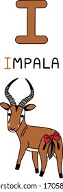 A capital letter of  I impala animal antelope found in eastern and southern Africa; Features is glossy, reddish brown coat and black-faced with long and beautiful horn. Cartoon doodle flat design.