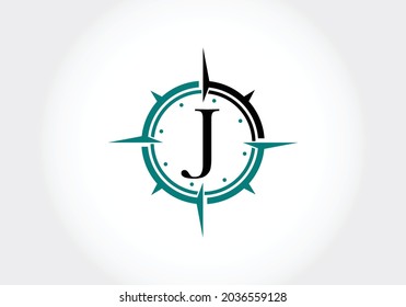 Letra mayúscula J con plantilla de diseño de logotipo de Creative Compass Concept. Símbolo del logotipo de la brújula. Diseño de logotipo vectorial moderno para identidad empresarial y de empresa.