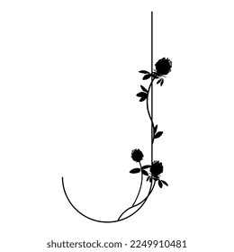 Capital letter J with floral motifs. Decorative font with blooming branches of red clover flower. Black silhouette on white background. Isolated vector illustration.