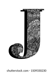 Capital letter J. Hand drawn letter of the English alphabet, decorated with original textures. Black and white vector isolated illustration.