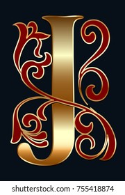 Capital letter J. Large letter. illuminated letter. Gold letter with floral ornament. Easy to use to create your design.