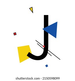 Letra mayúscula "J" compuesta por formas geométricas simples, en estilo Suprematismo, inspirada en pinturas de Kazimir Malevich y Wassily Kandinsky