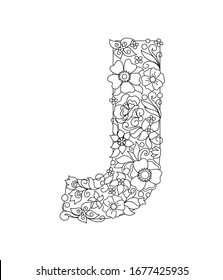 Capital letter J patterned with hand drawn doodle abstract flowers and leaves. Monochrome page anti stress adult coloring book. Vector illustration floral letters English language alphabet. EPS 10
