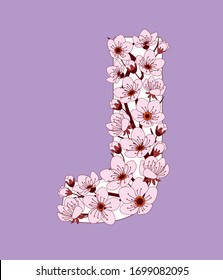 Capital letter J patterned with hand drawn doodle flowers of cherry blossom. Colorful vector illustration font with sakura twigs. Letter of alphabet English language. EPS 10
