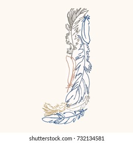 Capital letter J.  Vector hand-drawn monogram made of feathers. Feather alphabet. Perfect for posters, invitation, greeting card, webs graphics, blog, banner, logo