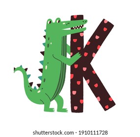 Capital letter K of childish alphabet with animal in scandi style. Kids font with crocodile for kindergarten and preschool education. Colored flat vector illustration isolated on white background