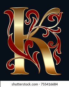 Capital letter K. Large letter. illuminated letter. Gold letter with floral ornament. Easy to use to create your design.