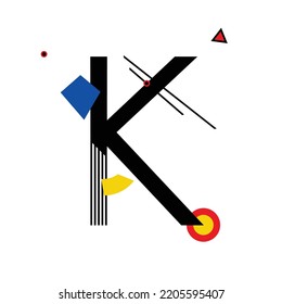 Letra mayúscula "K" compuesta por formas geométricas simples, en estilo suprematismo, inspirada en pinturas de Kazimir Malevich y Wassily Kandinsky