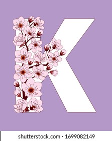 Capital letter K patterned with hand drawn doodle flowers of cherry blossom. Colorful vector illustration font with sakura twigs. Letter of alphabet English language. EPS 10
