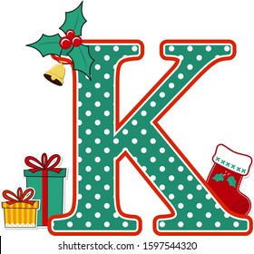 capital letter k with polka dots pattern and christmas design elements isolated on white background. can be used for holiday season card, nursery decoration or christmas celebration invitation