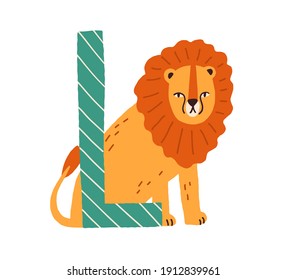 Capital letter L of English childish alphabet with animal in scandi style. Kids font with lion for language learning and children education. Flat vector illustration isolated on white background.