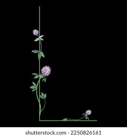 Capital letter L with floral motifs. Decorative font with blooming branches of red clover flower. On black background.