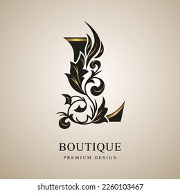 Capital Letter L. Graceful Monogram with Gold Elements. Elegant Style. Calligraphic Beautiful Logo. Vintage Emblem for Book Design, Brand Name, Business Card, Restaurant, Boutique. Vector Illustration