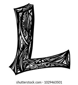 Capital letter L. Large letter. illuminated letter in the style of the doodle. This illustration can be used as a print on t-shirts and bags, stationary or poster.