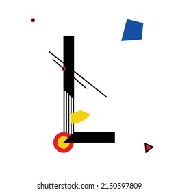 Letra mayúscula "L" compuesta por formas geométricas simples, en estilo Suprematismo, inspiradas en pinturas de Kazimir Malevich y Wassily Kandinsky