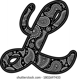 capital letter l with paisley pattern design. Embroidery style in black color. Isolated on white