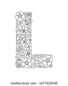 Capital letter L patterned with hand drawn doodle abstract flowers and leaves. Monochrome page anti stress adult coloring book. Vector illustration floral letters English language alphabet. EPS 10
