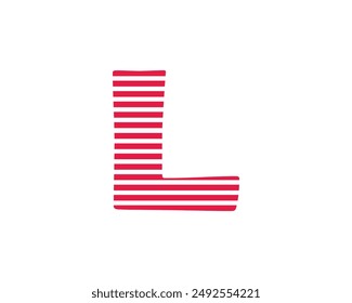 
Capital letter L with red and white horizontal pattern isolated on a white background. Alphabet, art, design, graphic, education, element, illustration, kindergarten,  preschool, workbook and vector.