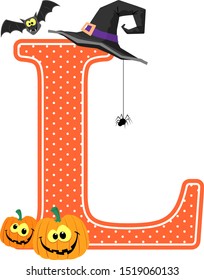 capital letter l with smiling pumpkins and halloween design elements isolated on white background. can be used for halloween season card, nursery decoration or halloween paty invitation
