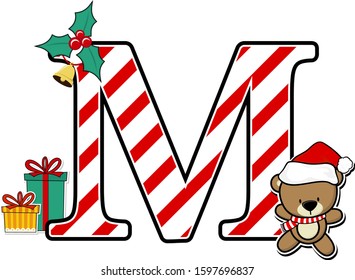 capital letter m with cute teddy bear and christmas design elements isolated on white background. can be used for holiday season card, nursery decoration or christmas party invitation