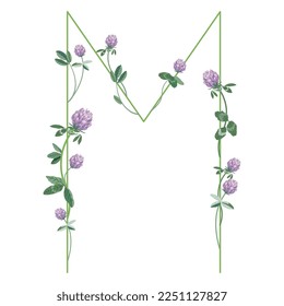 Capital letter M with floral motifs. Decorative font with blooming branches of red clover flower. Isolated vector illustration.