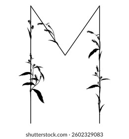 Capital letter M with floral  motifs. Botanical alphabet with herbs and wildflowers. Blooming branches of Polygonum plant. Knotweed or Smartweed flower. Black silhouette on white background.