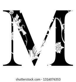 Capital Letter M. Capital letter with flourish design. Illuminated letter