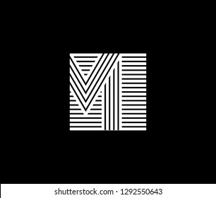 Capital letter M is inscribed in a square. Modern template for monograms, emblems, initials. Made white stripes on black overlapping with shadows.
