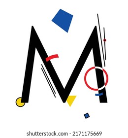 Letra mayúscula "M" compuesta por formas geométricas simples, en estilo Suprematismo, inspiradas en pinturas de Kazimir Malevich y Wassily Kandinsky