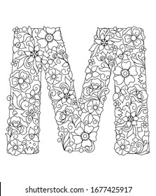 Capital letter M patterned with hand drawn doodle abstract flowers and leaves. Monochrome page anti stress adult coloring book. Vector illustration floral letters English language alphabet. EPS 10
