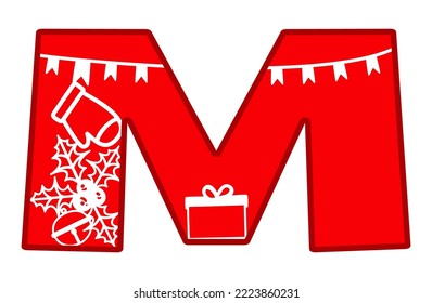 Capital letter M in red with Christmas symbols. Name monogram. Letter m is symbol of name, surname, mother sign. Simple silhouette is easy to print, cut, sticker, create personalized xmas gift. Vector