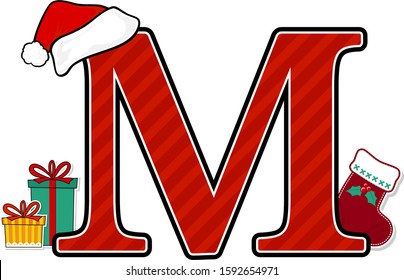 capital letter m with red santa's hat and christmas design elements isolated on white background. can be used for holiday season card, nursery decoration or christmas paty invitation