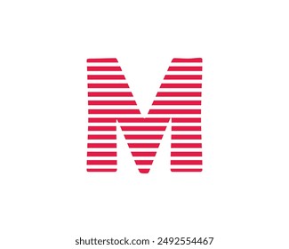 Capital letter M with red and white horizontal pattern isolated on a white background. Alphabet, art, design, graphic, education, element, illustration, kindergarten,  preschool, workbook and vector. 