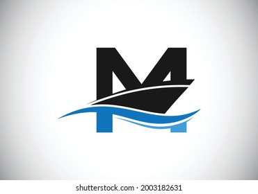 Letra mayúscula M con la plantilla de diseño de logotipo de barco, crucero o barco, símbolo de signo de icono de yate con ilustración vectorial de olas oceánicas