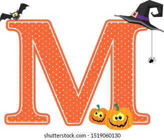 capital letter m with smiling pumpkins and halloween design elements isolated on white background. can be used for halloween season card, nursery decoration or halloween paty invitation