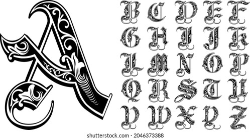 Capital Letter For Monograms And Logos. Vintage Set. Beautiful Filigree Font. Victorian Style. 