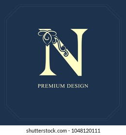 Capital letter N. Calligraphic beautiful logo with tape for labels. Graceful style. Vintage drawn emblem for book design, brand name, business card, Restaurant, Boutique, Hotel. Vector illustration